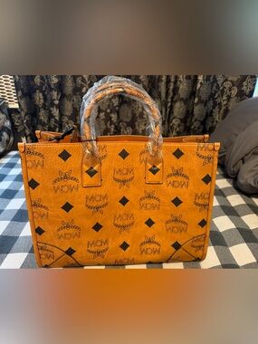MCM Orange Logo Tote with Black Accents